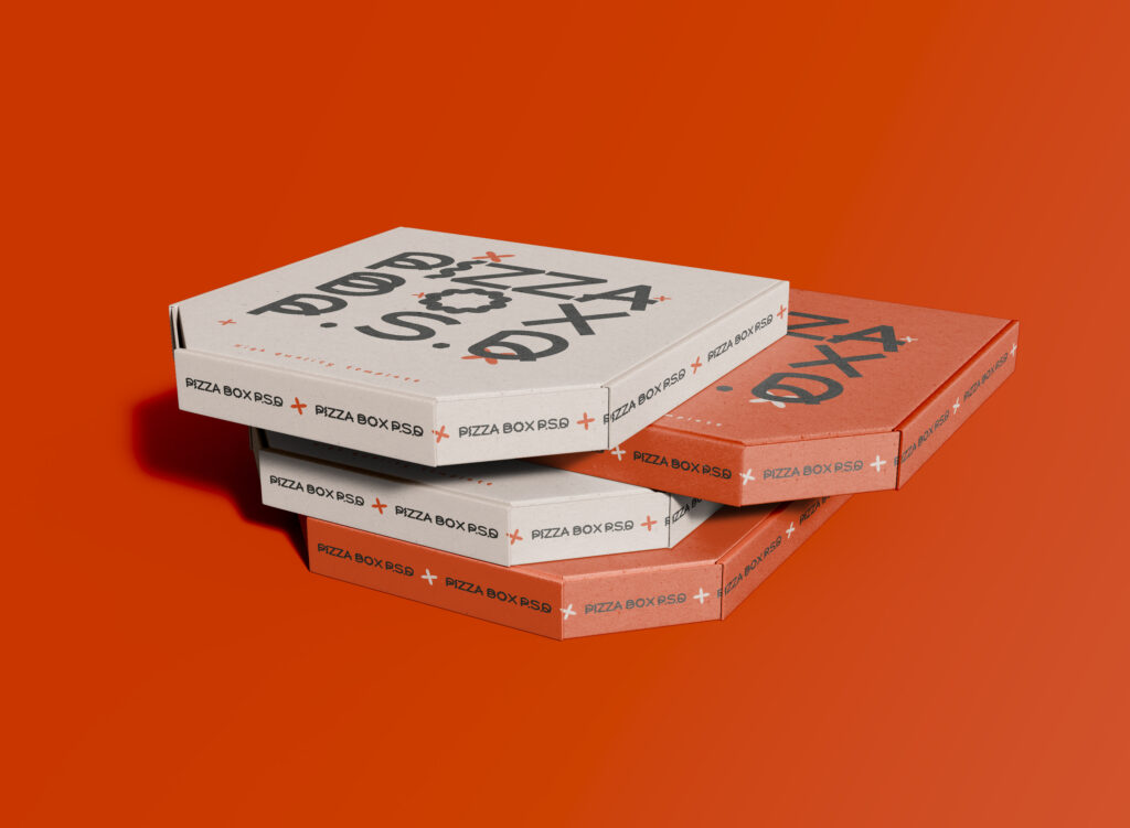 Gestapelte Pizzakartons als Beispiel für Werbung auf Pizzakartons von Pizzapromo.de